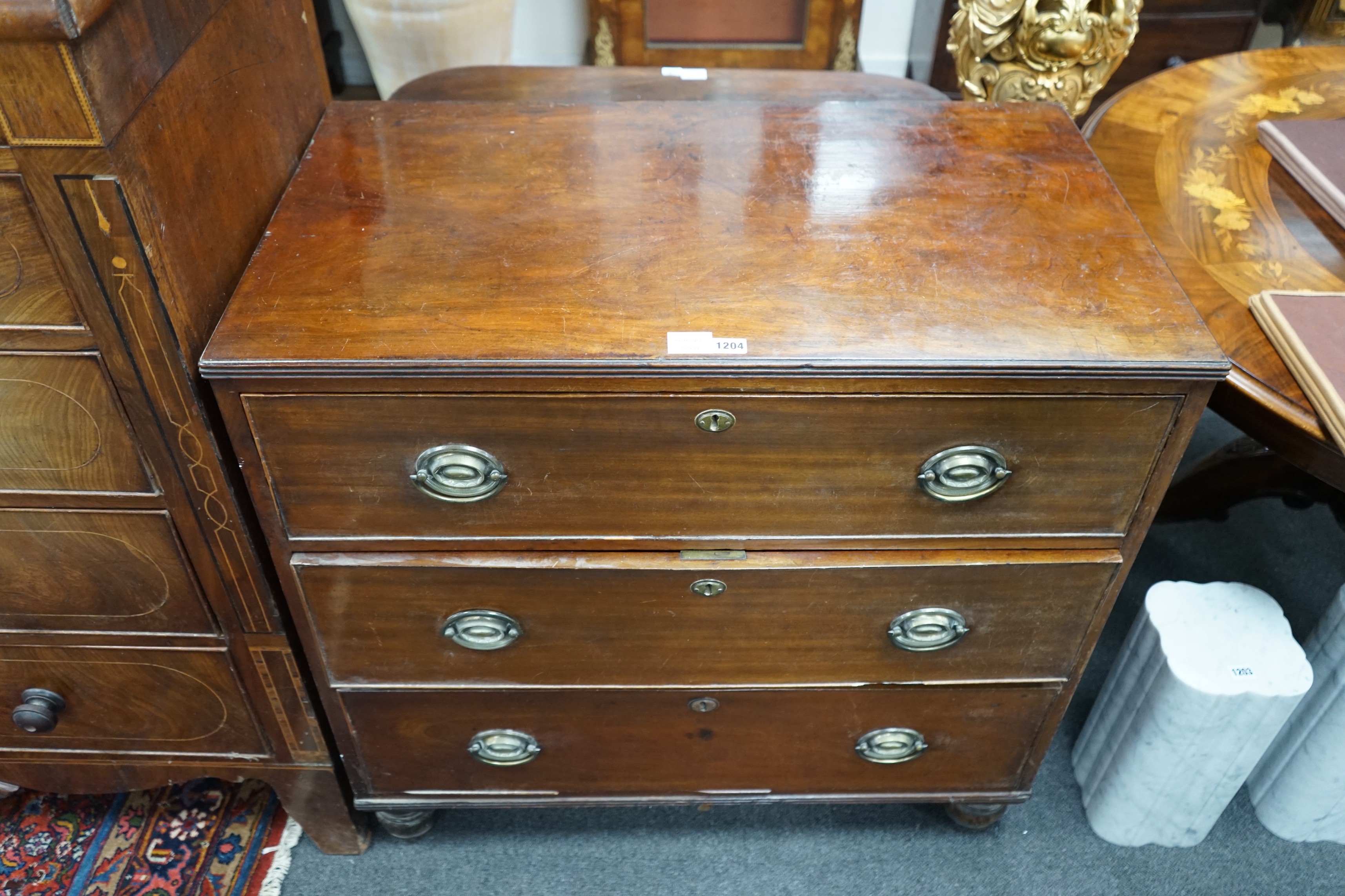 A George III mahogany three drawer chest, width 92cm, depth 54cm, height 89cm